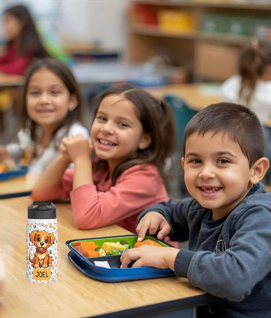 Pandarino Kinder-Wasserflasche aus Edelstahl, Hund mit Strohhalm, 350 ml, Thermosflasche, isolierte Wasserflaschen für Jungen, Mädchen