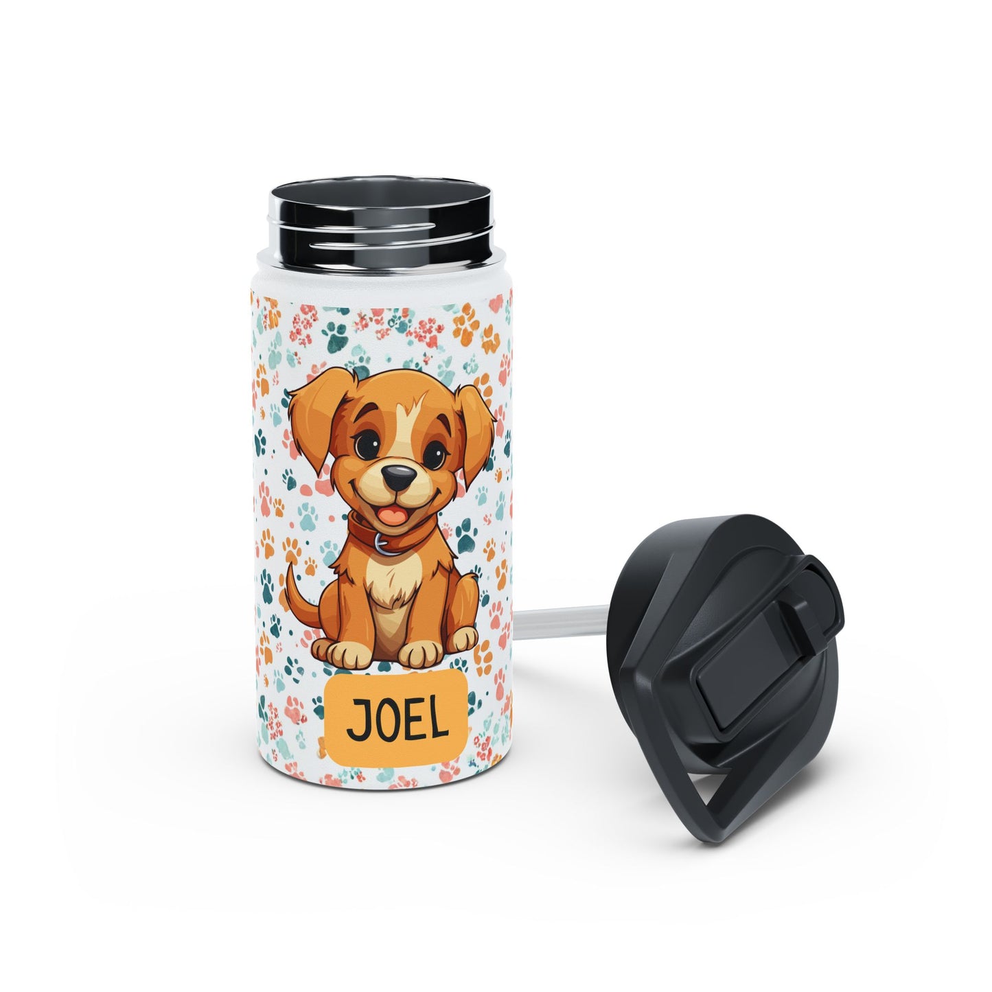 Pandarino Kinder-Wasserflasche aus Edelstahl, Hund mit Strohhalm, 350 ml, Thermosflasche, isolierte Wasserflaschen für Jungen, Mädchen